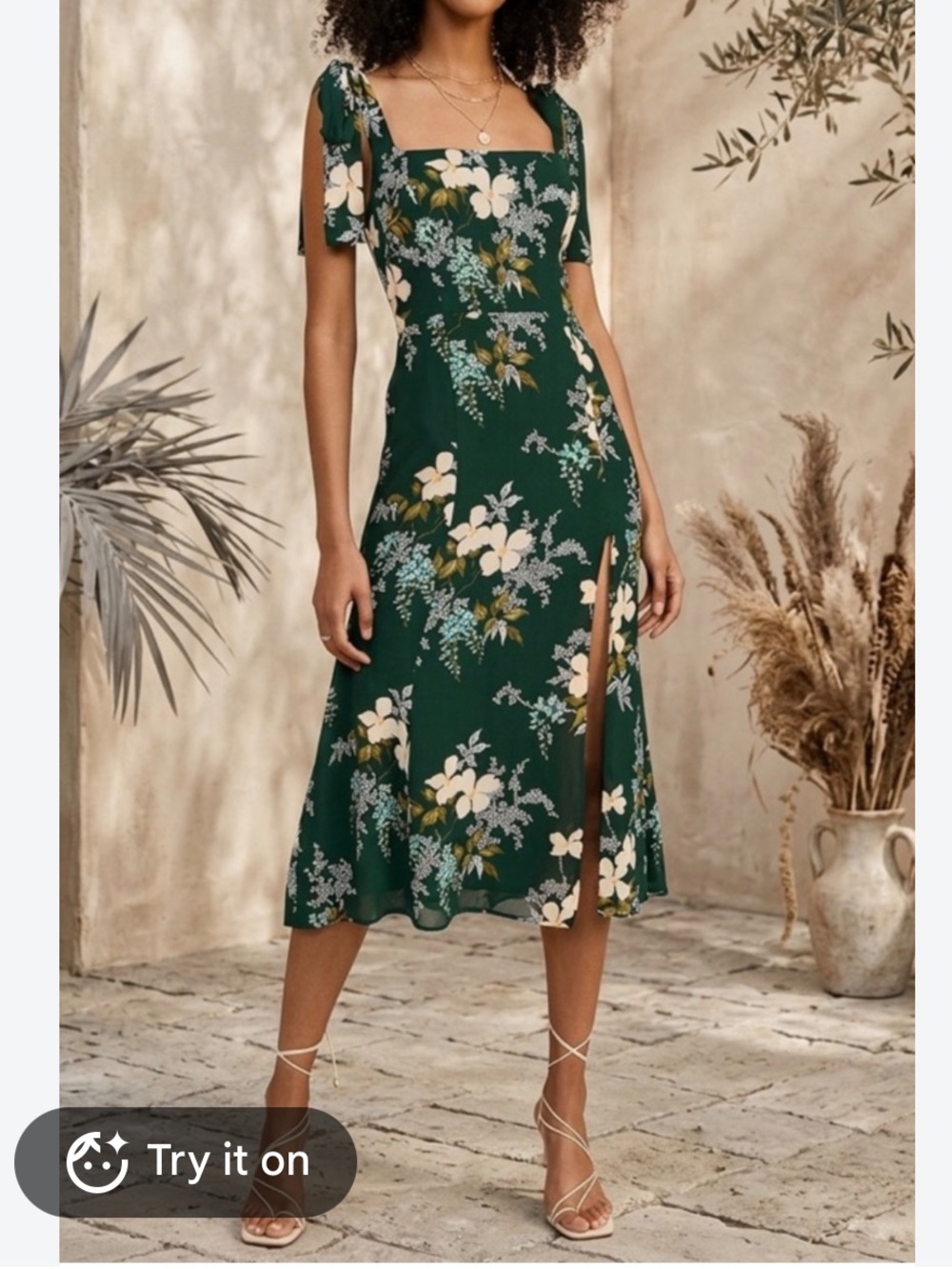 Reformation Green Floral Midi Dress with Square Neck
